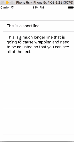 A table view in the iOS Simulator. Clicking a row toggles its label between one truncated line and several wrapped lines.