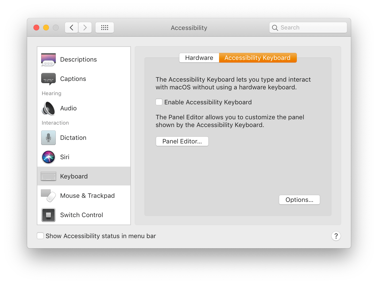 Accessibility Keyboard Panel Editor