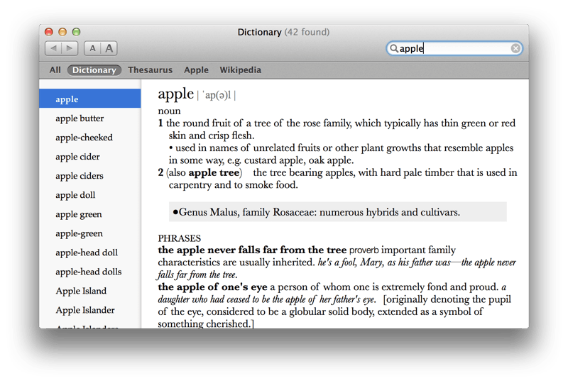 Entry for "apple" in Dictionary.app