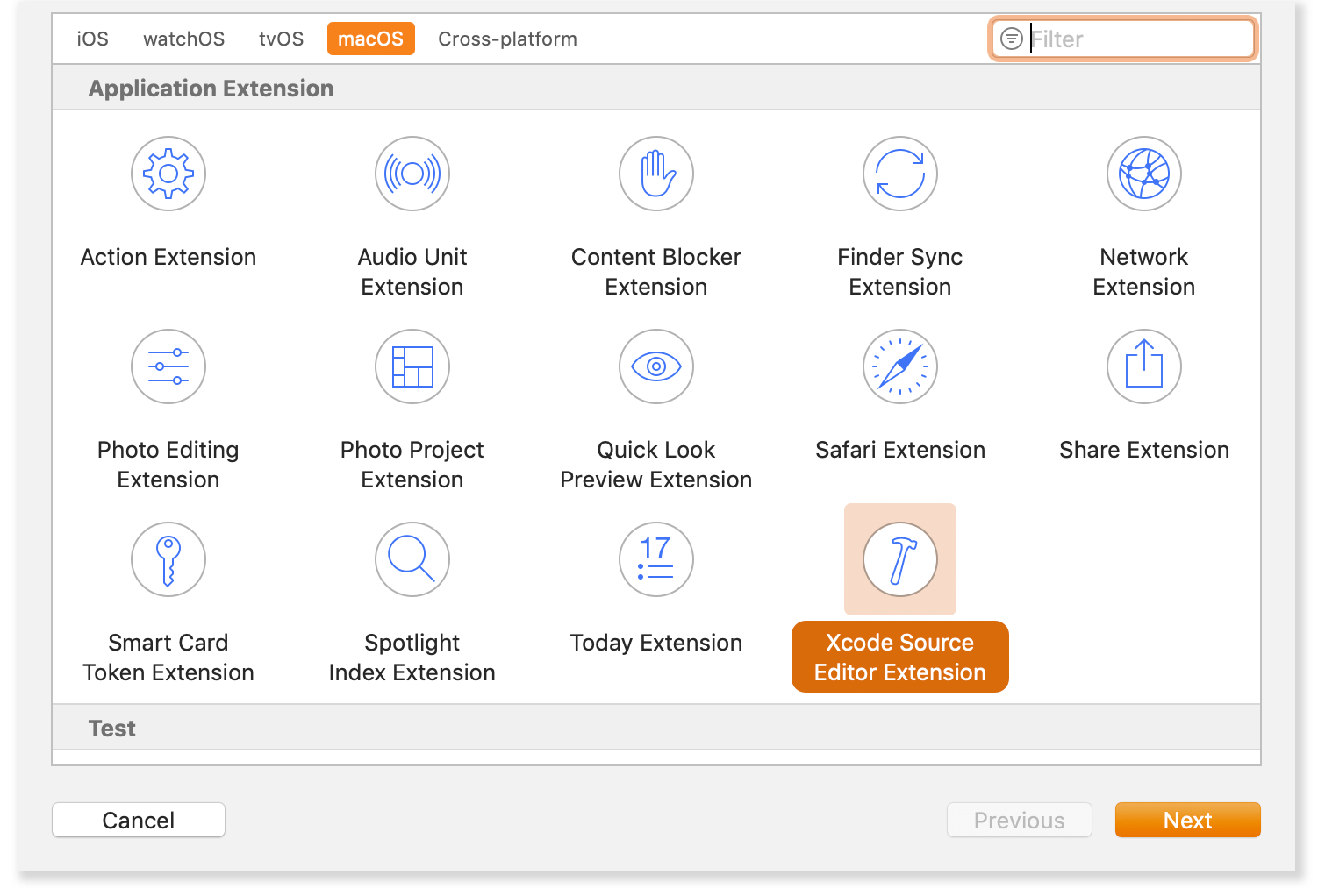 Screenshot of adding Source Editor Extension target to Xcode project