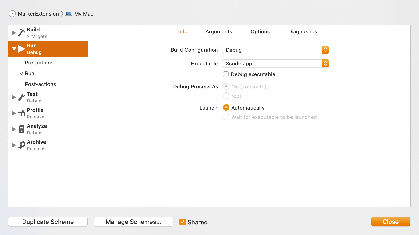 Screenshot showing Xcode set as default executable in extension scheme