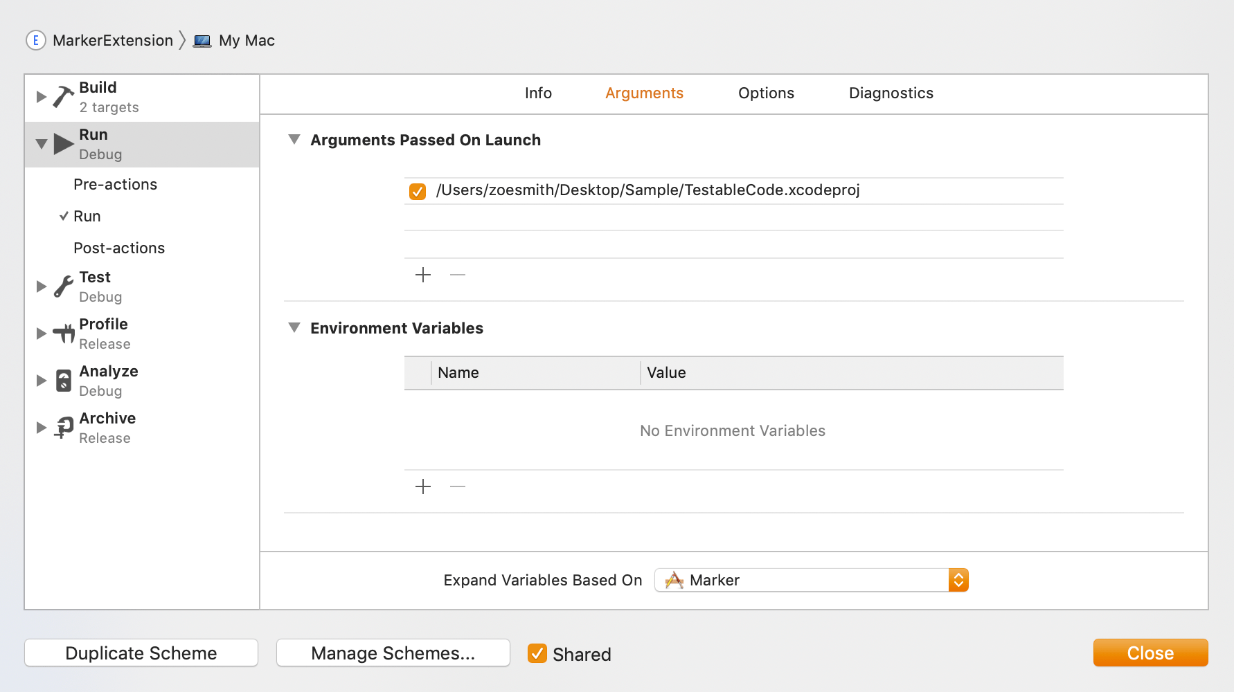 Screenshot showing path to sample code under argument passed on launch in extension scheme