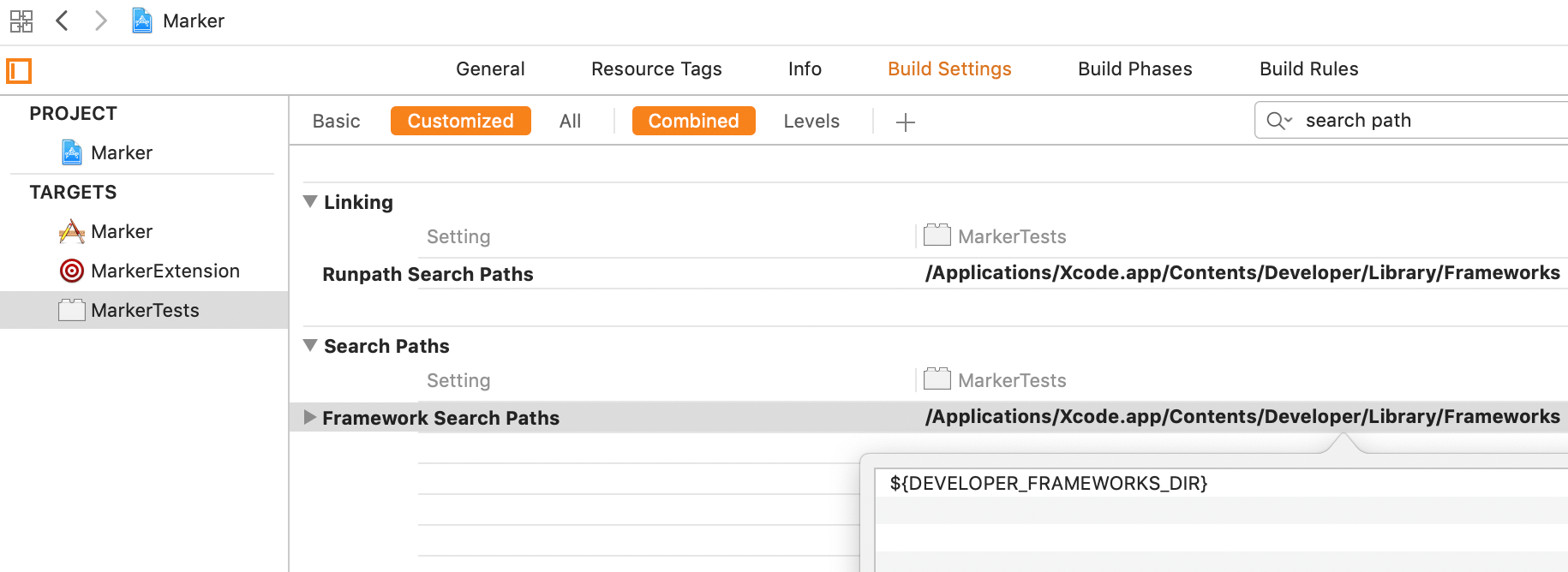 Screenshot showing Developer Frameworks Directory added to Runpath and Framework Search Paths in test target's build settings